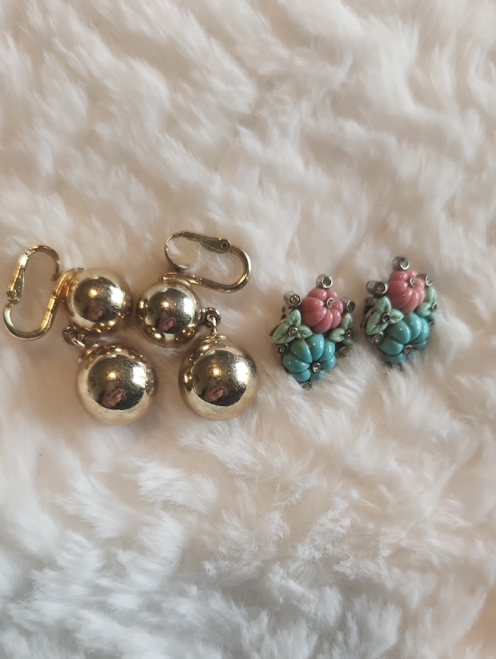 2 For 1 Y2K Gold Ball Drop Earrings + Boho Pink Turquoise Floral Clip-Ons